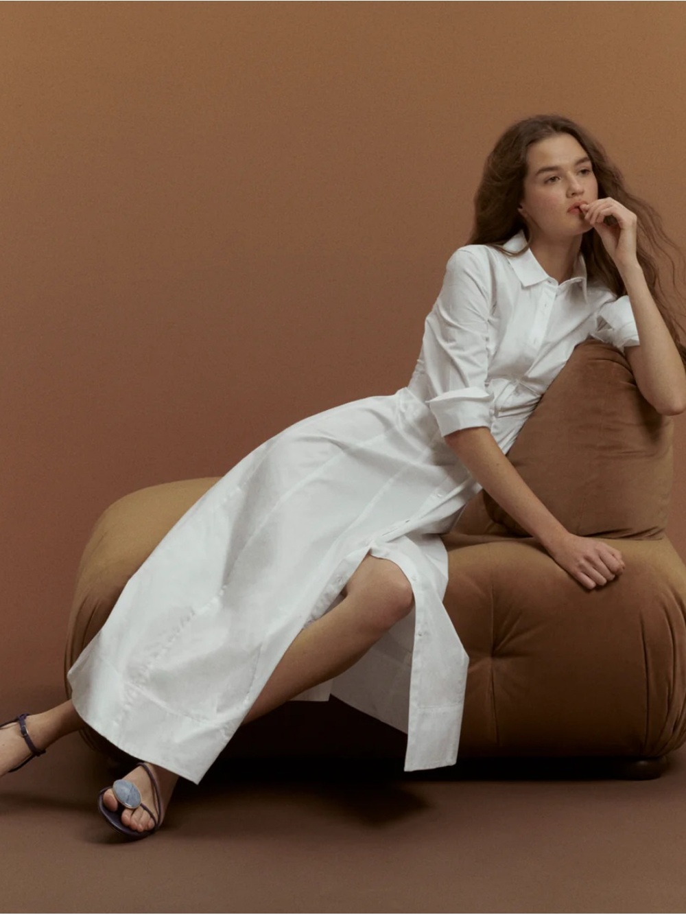 Women's White Maxi Shirt Dress with Side Slit